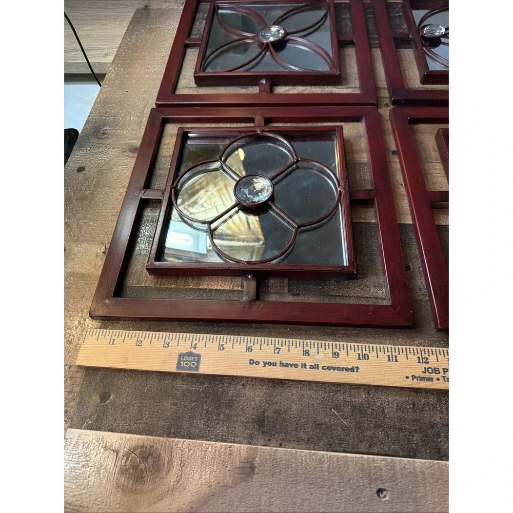 Set of 4 Vintage Gothic Wall Mirrors Red Metal Geometric Jeweled Window Panels